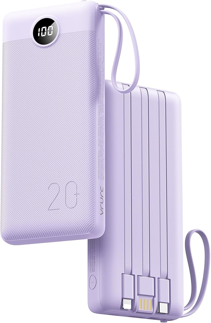 VRURC Portable Charger with Built in Cables 20000mAh, 22.5W Fast Charging USB C Power Bank,LED Display Charging Back with 4 Output 2 Input for iPhone 15/14/13/Pro, Samsung,Android-Purple (1 Pack)