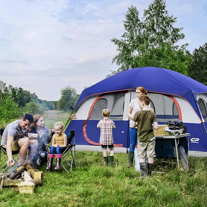 CAMPROS CP Camping Tent 10 Person Family Cabin Tent, 2 Room Water Resistant Waterproof Tent with Top Rainfly, 4 Large Mesh Windows, Double Layer, Easy Set Up, Portable with Carry Bag, 16ft x 9ft x72in