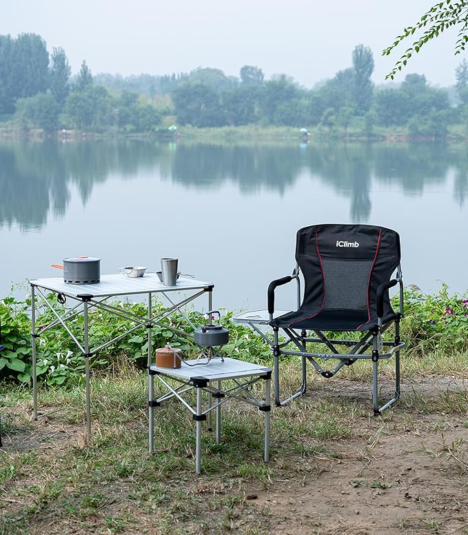 iClimb Lightweight Stable Alu. Folding Square Table Roll Up Top with Carry Bag for Camping Picnic Backyards BBQ Camp Kitchen (Nature, L)