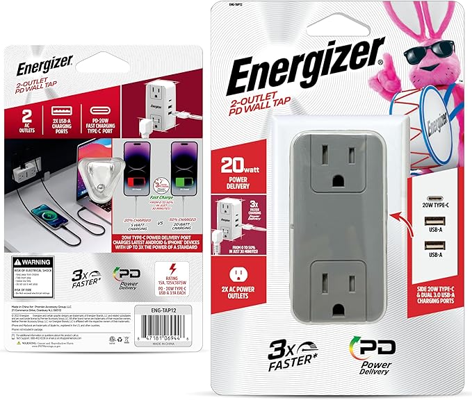 Energizer 2 Pack of Fast Charging Multi Plug Wall Outlet Extender 2 AC Power Outlets, 1 20W PD Type C, 2 USB A (3.1A Total Output) Power Strip Expander Splitter Plug in Adapter