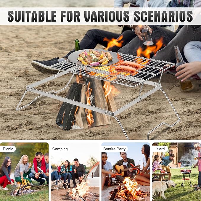 ZORMY 17" Large Folding Campfire Grill, 304 Stainless Steel Firepit Grill Grate, Heavy Duty Portable Camping Grill with Carrying Bag, Gas BBQ Grill Grate for Backpacking, Hiking, Picnics (Double)