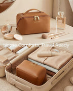 BAGSMART Makeup Bag Travel Cosmetic Bag, Large Make Up Bag Flat Open Toiletry Bag for Women, PU Leather Travel Essentials Organizer Case, Wide-open Pouch Purse for Skincare, Brushes, Coffee Brown
