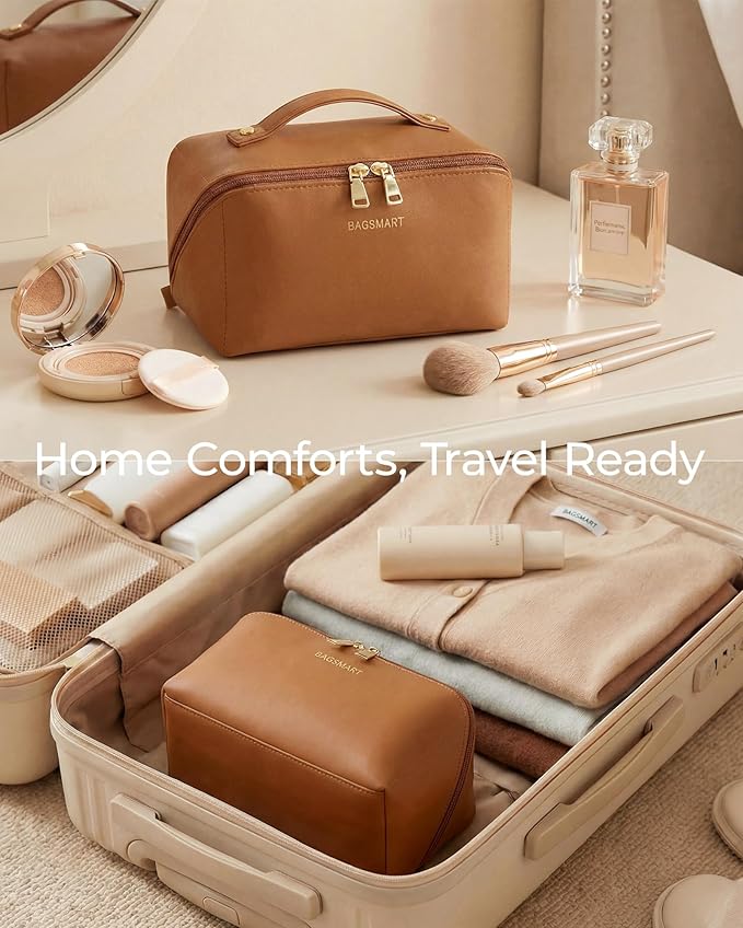 BAGSMART Makeup Bag Travel Cosmetic Bag, Large Make Up Bag Flat Open Toiletry Bag for Women, PU Leather Travel Essentials Organizer Case, Wide-open Pouch Purse for Skincare, Brushes, Coffee Brown