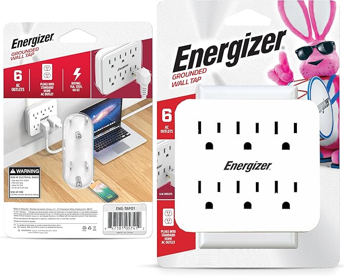Energizer 2 Packs of 6 Device Multi Plug Wall Outlet Extender (6) AC Power Outlets Grounded Power Strip Expander Outlet Splitter Plug in Adapter