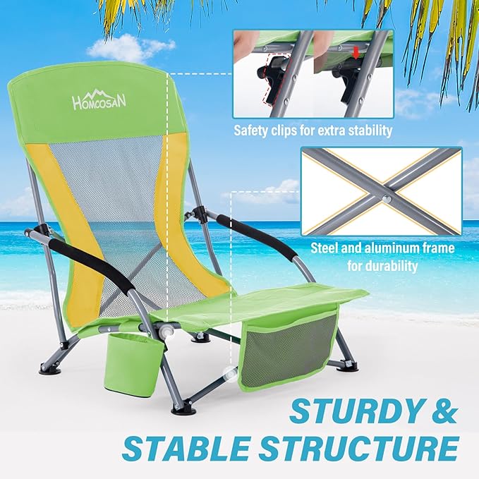 Homcosan Portable Low Folding Beach Chair with Detachable Umbrella - Lightweight Camping Chair for Adults with Cup Holder & Storage Pocket, Carry Bag Included (Green & Yellow)