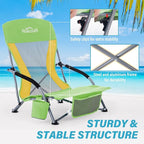 Homcosan Portable Low Folding Beach Chairs Set of 2 - Lightweight Camping Chairs for Adults with Cup Holder & Storage Pockets, Carry Bag Included (Green & Yellow)