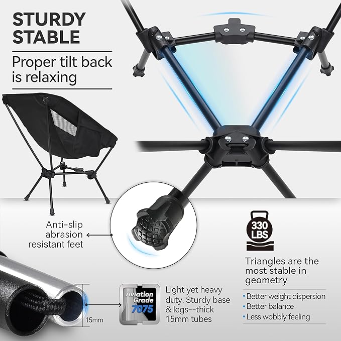 MARCHWAY Lightweight Folding Camping Chair, Portable Foldable Compact for Outdoor Camp, Travel, Beach, Picnic, Festival, Hiking, Backpacking, Supports 330Lbs (Black)