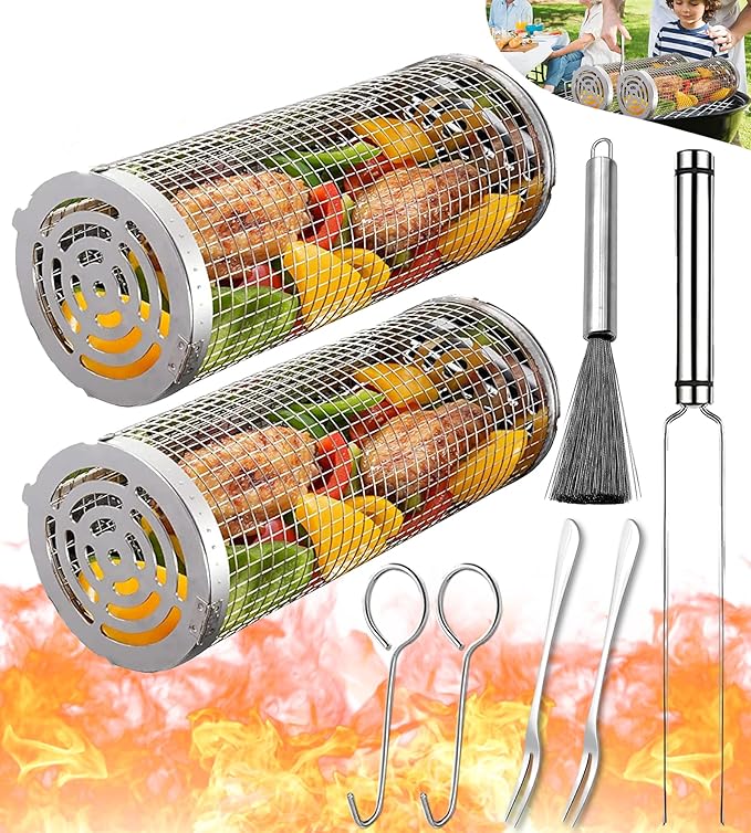 Rolling Grilling Baskets for Outdoor Grill Bbq Net Tube Must Have Large Barbecue Cylinder Cage Round Mesh Essentials Gadgets Cooking Accessories for Picnic Veggies Vegetable Fish Meat, Gift for Men