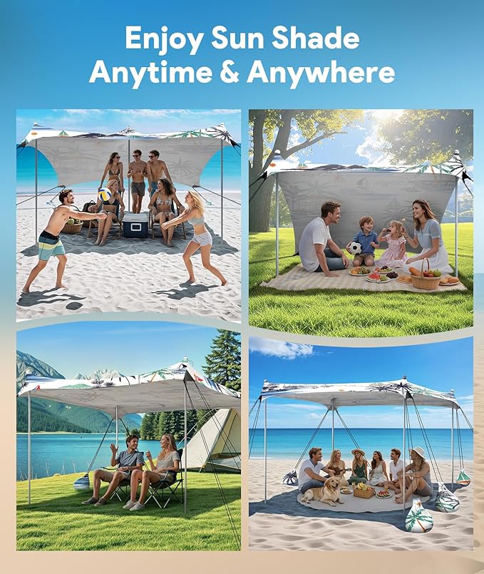 Beach Tent Sun Shelter, 10 x 10 FT Beach Canopy Tent Sun Shade, UPF50+ Tents Canopy with 8 Sandbags & 4 Stability Poles, Outdoor Tents for Camping Fishing, Boat