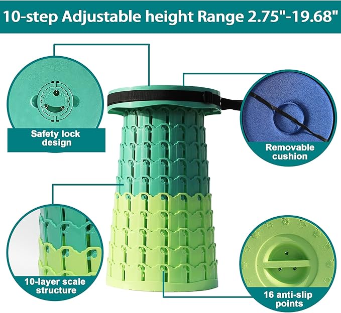 ALEVMOOM Upgraded XXL 50 Portable Collapsible Stool with Cushion,Telescoping Folding Stool for Adults,Yet More Sturdy Camping Stool with Load Capacity 1000lbs,for Outdoor Garden Hiking BBQ