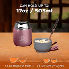 ENERGIFY Vacuum Insulated Food Jar. Large 17oz Bowl incl. Folding Spoon, Cup. Wide Mouth Keep Hot & Cold Drinks Soup Lunch Container for Adults. BPA-Free Stainless Steel, Leak Proof Rose Gold