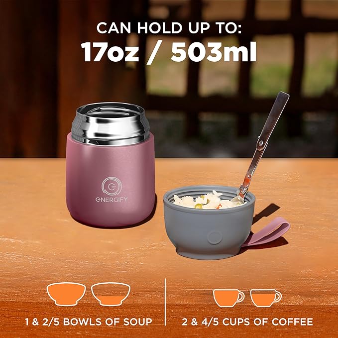 ENERGIFY Vacuum Insulated Food Jar. Large 17oz Bowl incl. Folding Spoon, Cup. Wide Mouth Keep Hot & Cold Drinks Soup Lunch Container for Adults. BPA-Free Stainless Steel, Leak Proof Rose Gold