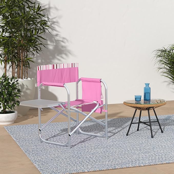 PICNIC TIME Sports Chair with Side Table, Outdoor Foldable Padded Adult Camping Chairs with Cup and Accessory Panel for Lawn, Beach, & Sports Use for Adults, 300-lbs Capacity, (Pink Stripe Accents)