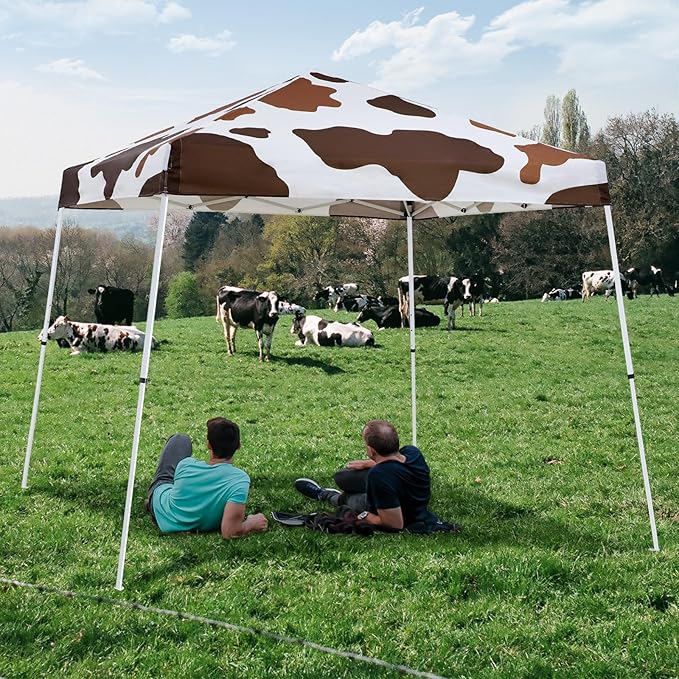 EAGLE PEAK 10x10 Slant Leg Pop-up Canopy Tent Easy One Person Setup Instant Outdoor Beach Canopy Folding Portable Sports Shelter 10x10 Base 8x8 Top (Brown Cow Print)
