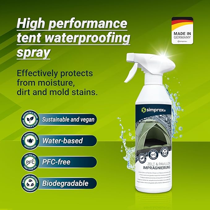 simprax® Tent Waterproofing Spray - Certified Eco-Friendly, UV-Stable & Biodegradable Waterproof Spray | Made in Germany | Waterproofing Spray Enhances Water-Repellency for Tent & Technical Textiles