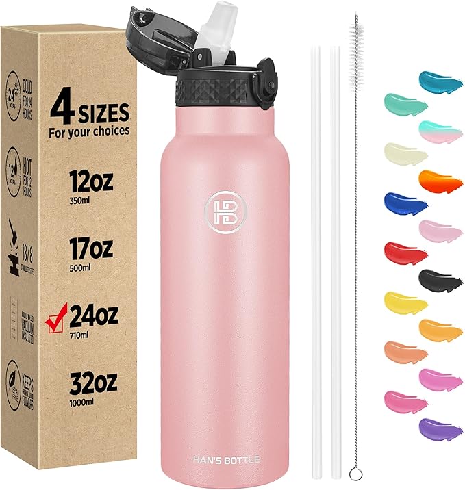 Han's Bottle Sports Water Bottle - 24 Oz, Straw Lid, Leak Proof, Vacuum Insulated Stainless Steel, Double Walled, Thermo Mug,Blush