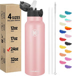 Han's Bottle Sports Water Bottle - 24 Oz, Straw Lid, Leak Proof, Vacuum Insulated Stainless Steel, Double Walled, Thermo Mug,Blush