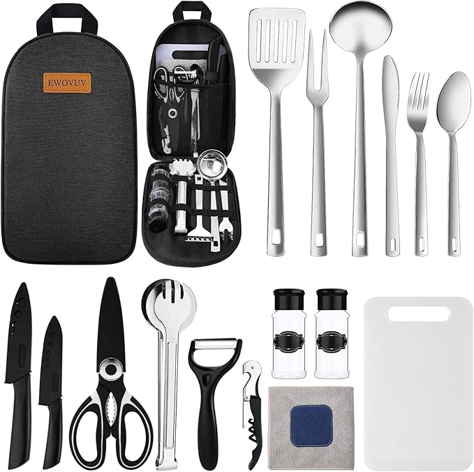 Camping Cooking Utensils Set- Camping Essentials Cookware Accessories Gear Must Haves Camper Tent Camp Kitchen Rv Gadgets Outdoor Stove Portable Picnic Gifts for Women BBQ Stuff