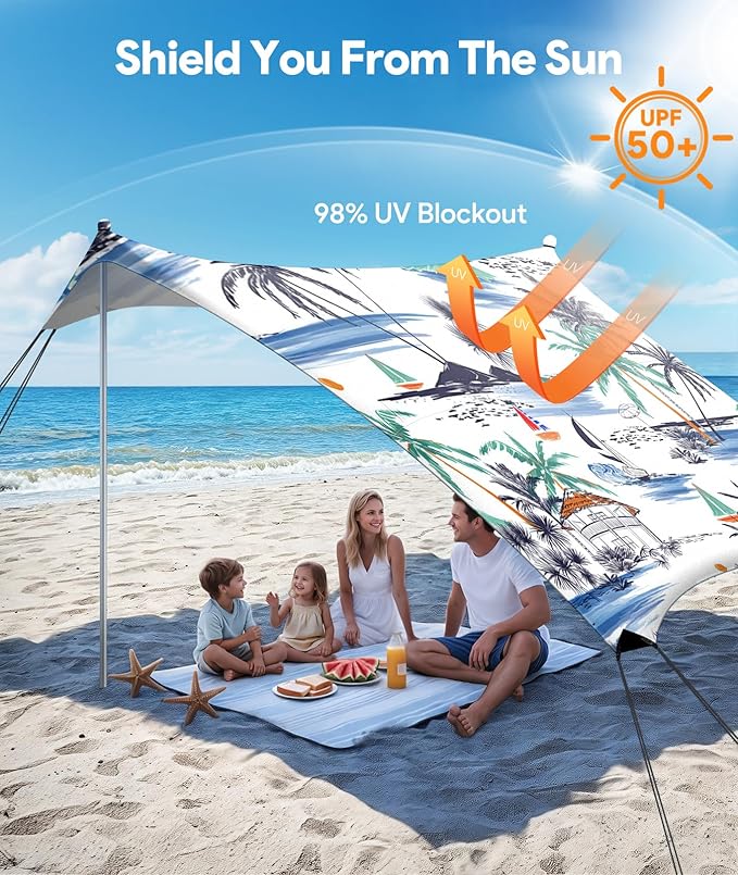 Beach Tent Sun Shelter, 10 x 10 FT Beach Canopy Tent Sun Shade, UPF50+ Tents Canopy with 8 Sandbags & 4 Stability Poles, Outdoor Tents for Camping Fishing, Boat
