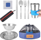 Outdoor Camping Mess Kit - 1 to 2 persons Camping Dishes Includes Cups, Bowls, Dishes, Knives, Forks, Spoons, Etc, Camping Dinnerware Set with Mesh Bag is Easy to Carry Camping Tableware Set