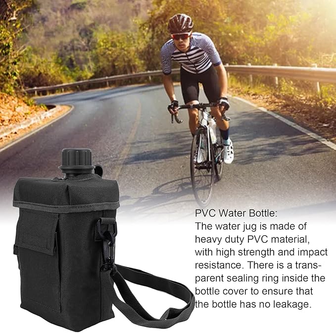 Outdoor - 2L Portable Water Canteen with Waist Bag, Multi Fuctional PVC Flat Camping for Surplus or Bushcraft Gear (Black)