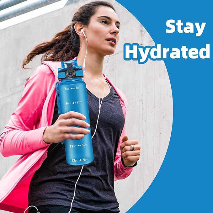 OLDLEY 32 oz Motivational Water Bottle with Time Marker, Sports Water Bottle With Strap, Leakproof & BPA Free Large Water Bottle for School, Gym, Travel, Outdoor, Tritan, Blue