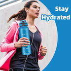 OLDLEY 32 oz Motivational Water Bottle with Time Marker, Sports Water Bottle With Strap, Leakproof & BPA Free Large Water Bottle for School, Gym, Travel, Outdoor, Tritan, Blue