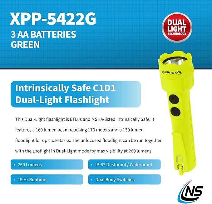 Nightstick XPP-5422G 3 AA Intrinsically Safe Permissible Dual-Light Flashlight, Green