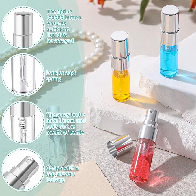 Zhehao 50 Pcs Mini Spray Bottles 3 ml Clear Glass Perfume Bottles Refillable Fine Mist Perfume Atomizer Portable Empty Sample Containers for Cleaning, Essential Oils, Travel (Silver Cap)