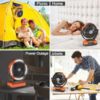 PANERGY Camping Fan with Light - 20000mAh Rechargeable Battery Fan with Charger, 70Hrs Cooling Time, 4 Speeds, 110° Auto Oscillation & 270° Pivot Design with Hook for Camping/Power Outage/Hurricane