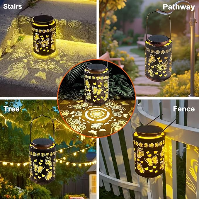 Upgraded Butterfly Solar Lights for Outside Garden Decor, Hanging Solar Lanterns Outdoor Waterproof Metal Butterfly Decorations for Patio, Yard, Pathway, Porch, Birthday Gifts for Women