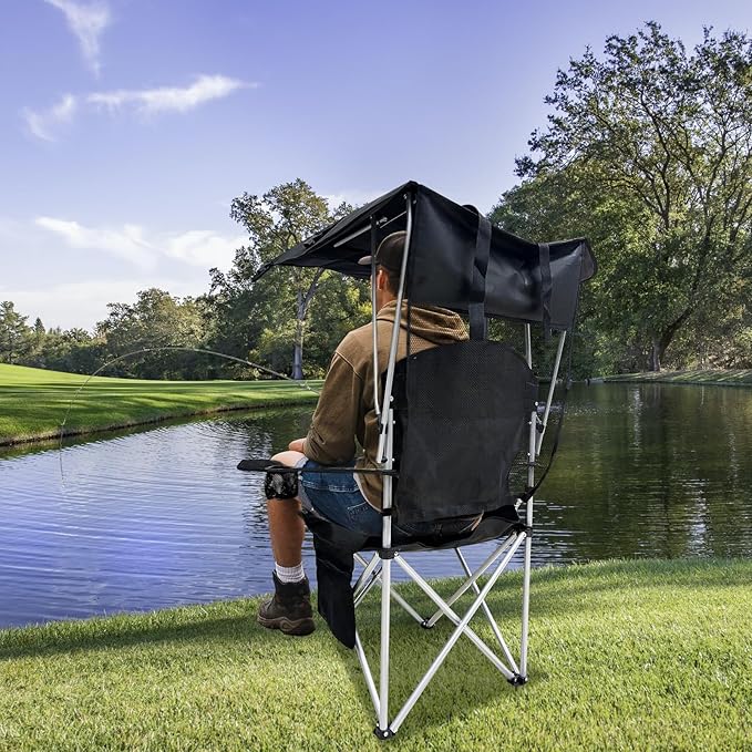 Portable Camping Chair with Canopy Shade- Folding Camping Lounge Chair with Cup Holder & Side Pocket for Outdoor Camping, Fishing, Beach - Support 330 LBS(BLACK-2PK)