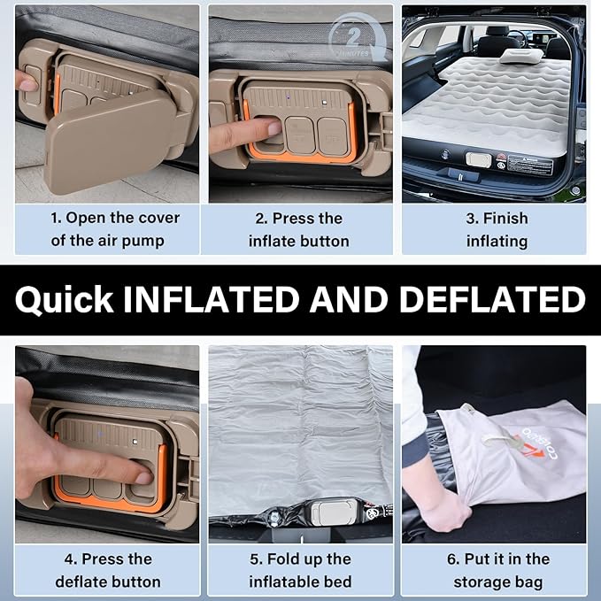 Coverado SUV Air Mattress, Thickened Flocked-Top Car Air Mattress with Wireless Built-in Pump, Pillows, Patch Kit & Carry Bag, Quick&Easy Set Up, SUV Mattress Camping Bed Universal fit for Most Cars