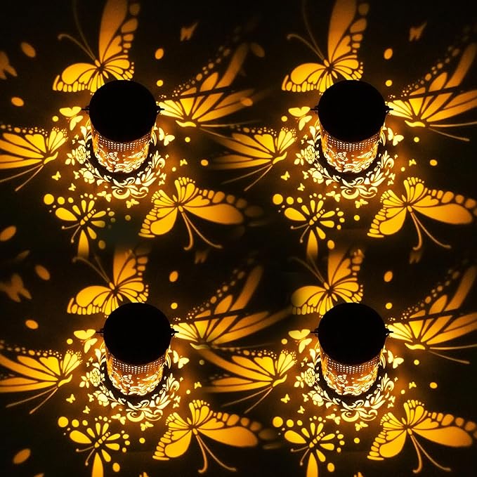 4 Pack Butterfly Birthday Gifts for Women Mom Grandma Solar Lanterns Outdoor Waterproof Garden Decor Metal Hanging LED Decorative Light for Patio Yard Lawn Backyard Front Porch Gardening Gifts