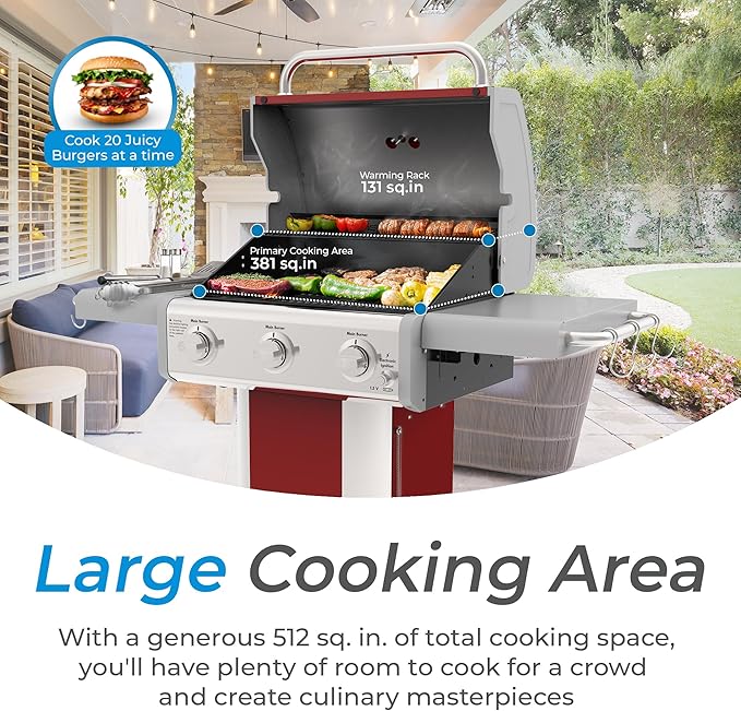 Kenmore 3-Burner Outdoor BBQ Grill | Liquid Propane Barbecue Gas Grill with Folding Sides, PG-A4030400LD-RD, Pedestal Grill with Wheels, 30000 BTU, Red