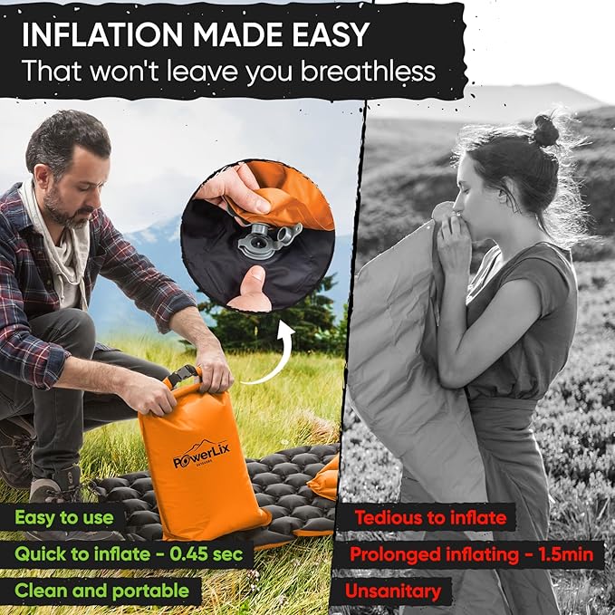 POWERLIX Ultralight Inflatable Camping Sleeping Pad - Backpacking Camping Mat, Lightweight Camping Air Mattress Sleep Pad for Hiking, Traveling, Inflation Hand Pump Bag/Repair Kit Included