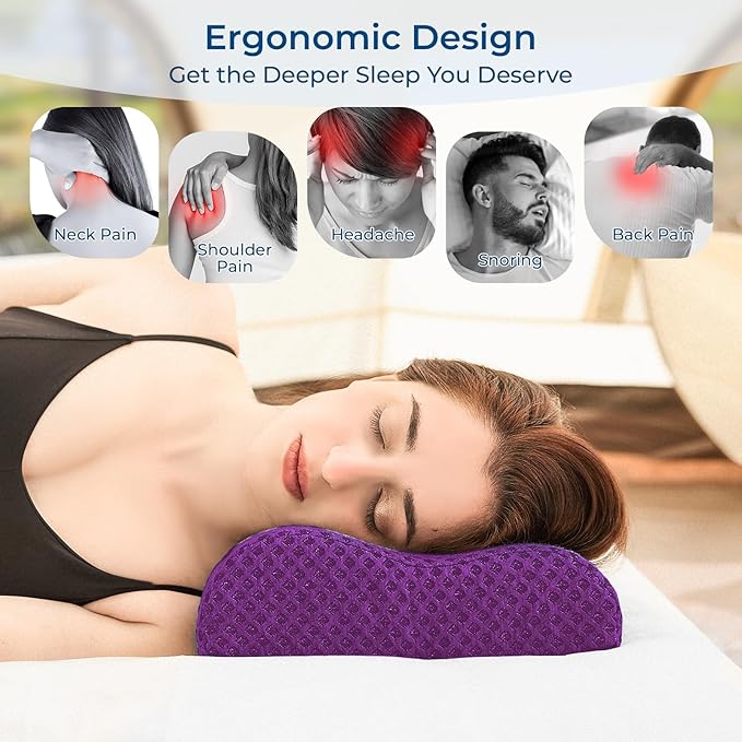 Travel Pillow Memory Foam Pillows, Ergonomic Wave Cervical Neck Pillow for Neck Pain Relief, Compressible Medium Firm Side Sleeper Pillow, Ideal for Camping, Office, Home & Bed (Purple, S)