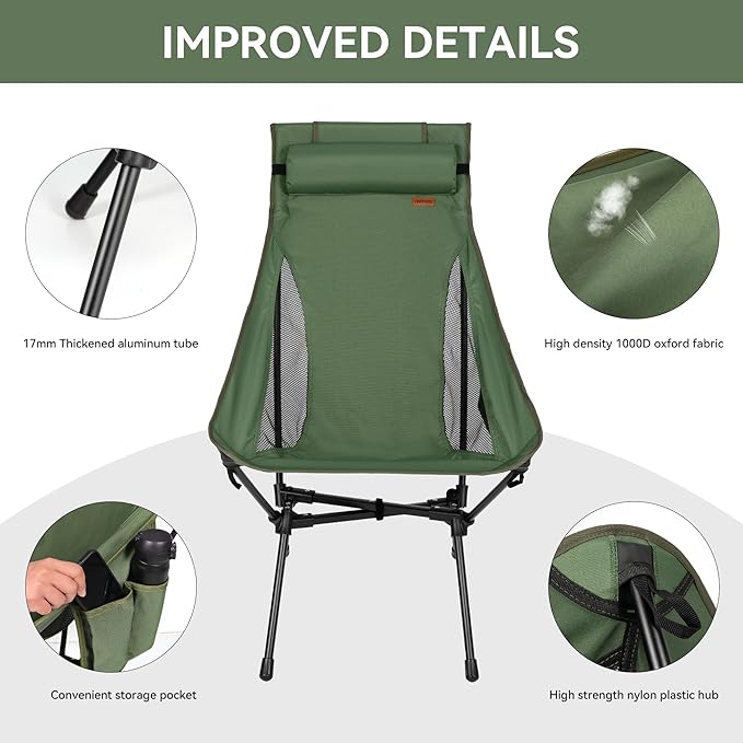TOBTOS Portable High Back Camping Chair, Support Heavy Duty 440 lbs, Compact Folding Chair with Detachable Pillow for Camp, Hiking, Backpacking (Green)