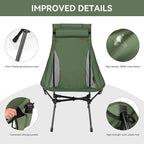 TOBTOS Portable High Back Camping Chair, Support Heavy Duty 440 lbs, Compact Folding Chair with Detachable Pillow for Camp, Hiking, Backpacking (Green)