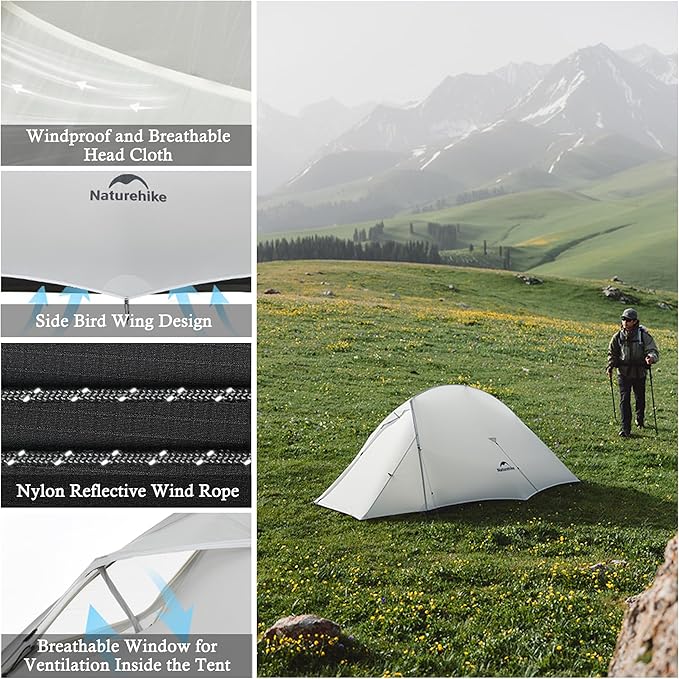 Naturehike 1-2 People Cloud up UL Tent, Rainproof PU1500mm & Windproof Upgrade Ultralight Tents,2.3lbs/2.68lbs, for Cycle Camping,Backpacking,Hiking,Self-Standing, Construction