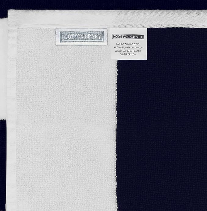 COTTON CRAFT Hooded Beach Towel – Oversized 35 x 70 Towel with Hood for Adults - 100% Cotton Velour Dobby Terry Towel - 450 GSM Pool Bath Wrap - Soft Absorbent Quick Dry – Cabana Stripe Navy