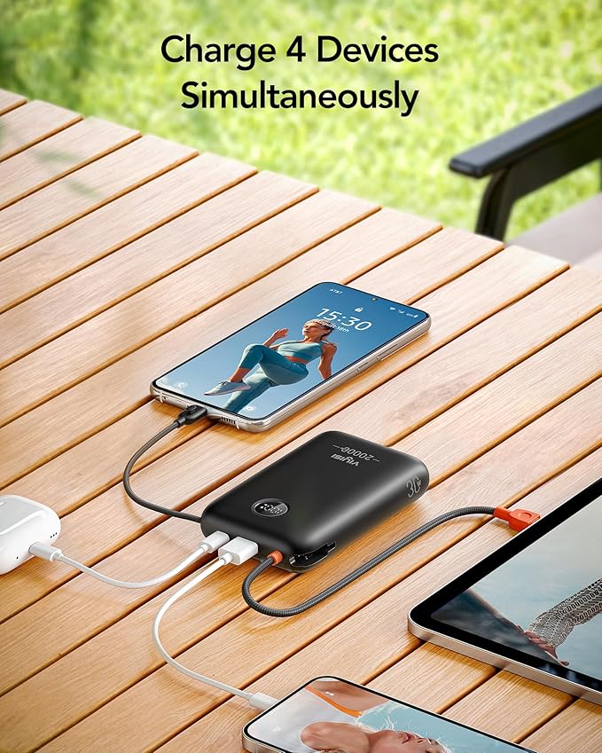 Portable Charger 20000mAh 30W Fast Charging, Power Bank with Built-in Cables & LED Display, USB C Battery Pack for iPhone 16/15/14/13, Samsung, iPad and Android Phones, Ideal for Travel -Black
