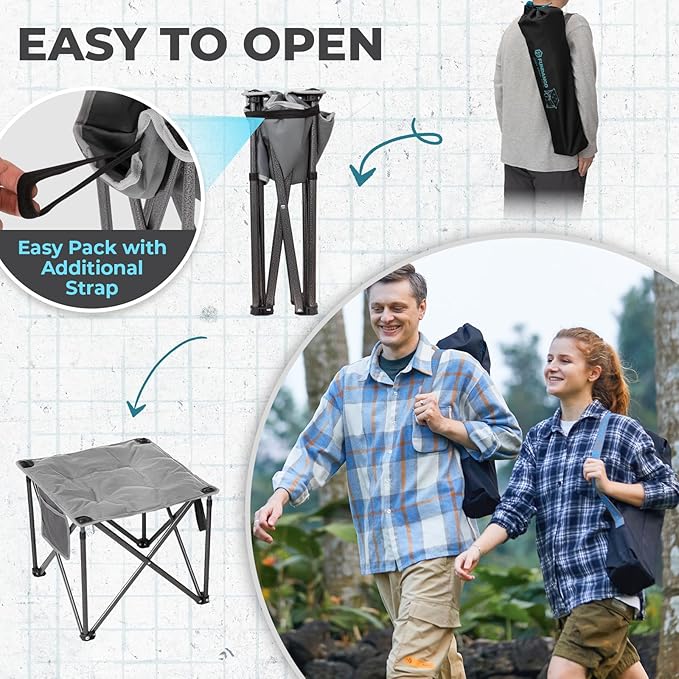 FUNDANGO Folding Camping Stool, 18.1 Inch Oversized Foot Rest 400 Lbs Heavy Duty Portable Padded Stools Seat Anti-Slip Foots & Carry Strap for Fishing Outdoor Lawn Travel (Grey)