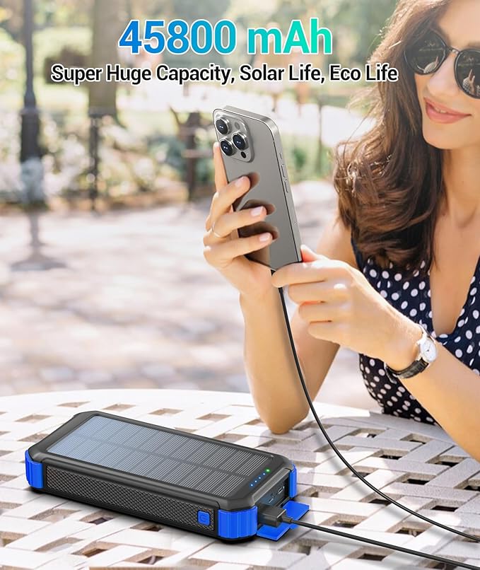 LATIMERIA 45800mAh Solar Charger Power Bank, Portable Phone Charger with 5V3.1A QC 3.0 Fast Charging, Solar Panel USB C in/Output for Cellphone, External Battery Pack with Dual Flashlights for Hiking