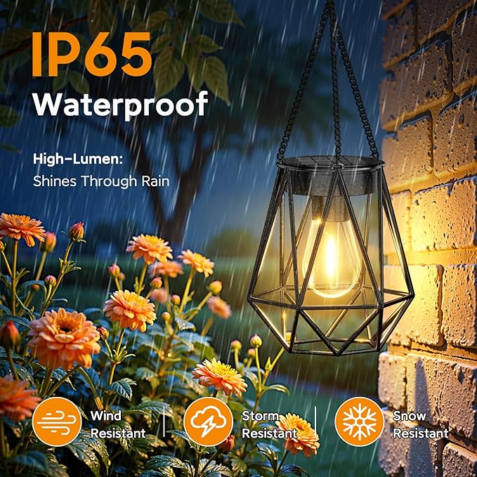 KOOPER 2 Pack Hanging Solar Lanterns Outdoor Waterproof, Metal Solar Powered Lantern Lights, Bright Diamond Shape Lantern with Hook, Outdoor Decorative Lanterns for Patio Porch Garden Yard Decor Gift