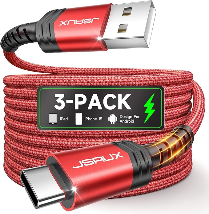 JSAUX USB C Cable [3-Pack 6.6ft], USB A to USB Cord Fast Charging for iPhone Air, iPhone 17, iPhone 17 Pro, iPhone 17 Pro Max, iPhone 16/iPhone 15 Series, Samsung S20 S10, Note 20 10, Car Play - Red