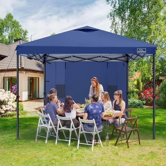KAMPKEEPER 10x10 Pop Up Canopy Tent with Sidewall - Easy Setup Sun Shelter, Outdoor Shade with Vented Roof for Backyard | UV & Rain Portable Instant Camping Beach Canopy Tents (Navy Blue)