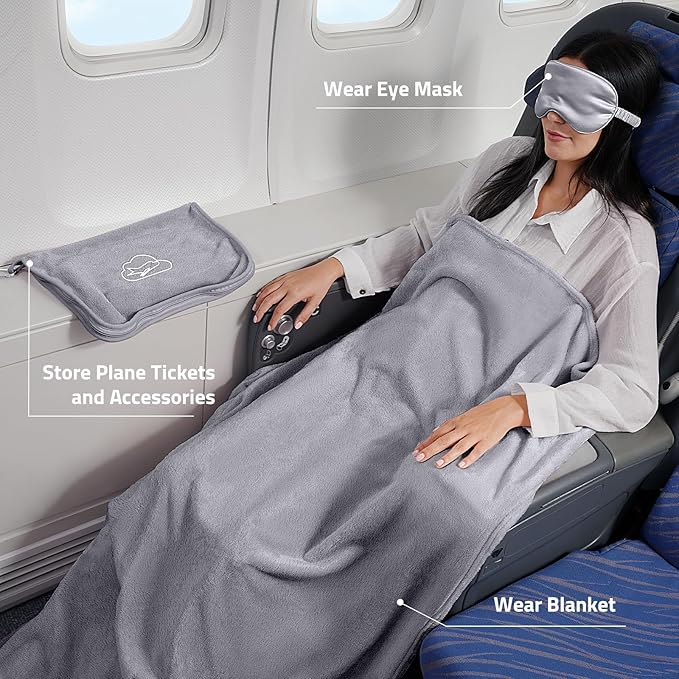 Travel Blanket, Ultra-Soft, Warm & Lightweight Travel Blanket Airplane with Bag, 65x40 in, Airplane Travel Essentials for Women, Men & Kids, Included Eye Mask, Luggage Sleeve & Backpack Clip