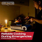 Chef Master 15,000 BTU Butane Portable Camp Stove + 4x 8oz Butane Canisters | Double Wind-Guard Portable Stove Burner w/Piezo Ignition for Emergencies, Tailgating, Hiking & Camping Essentials - 90019