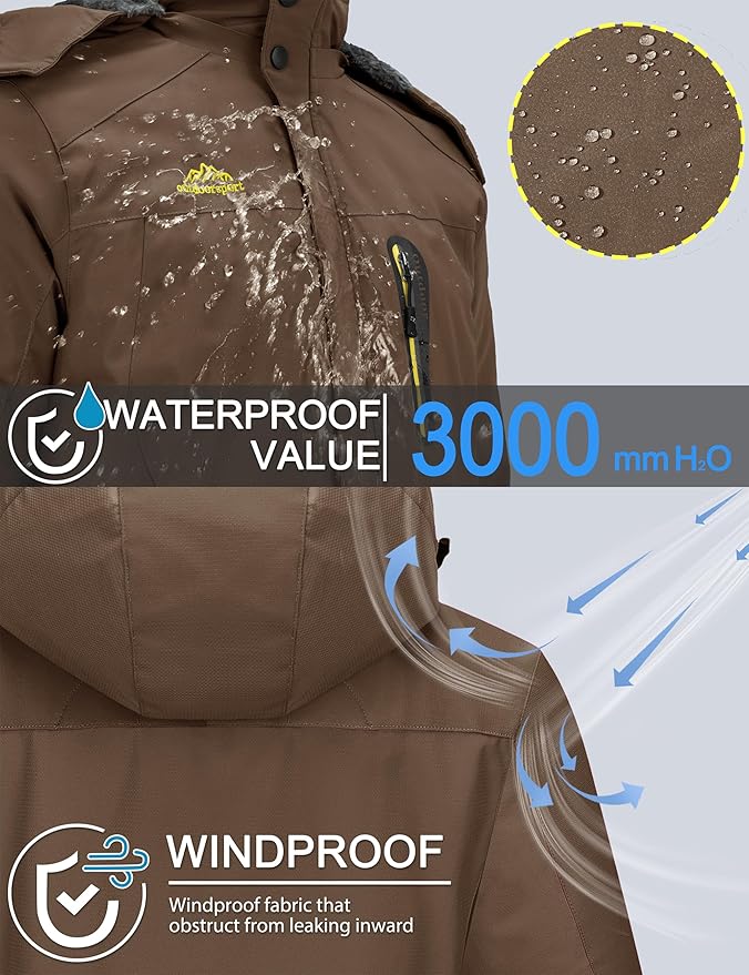 TACVASEN Men's Winter Ski Jacket Waterproof Snow Coats Snowboard Fleece Lining Jacket Warm Parka with Hooded